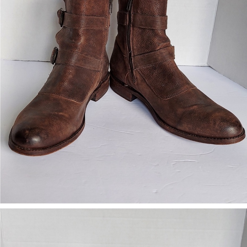 Frye Heath Brown Distressed Leather Double Buckle Boots